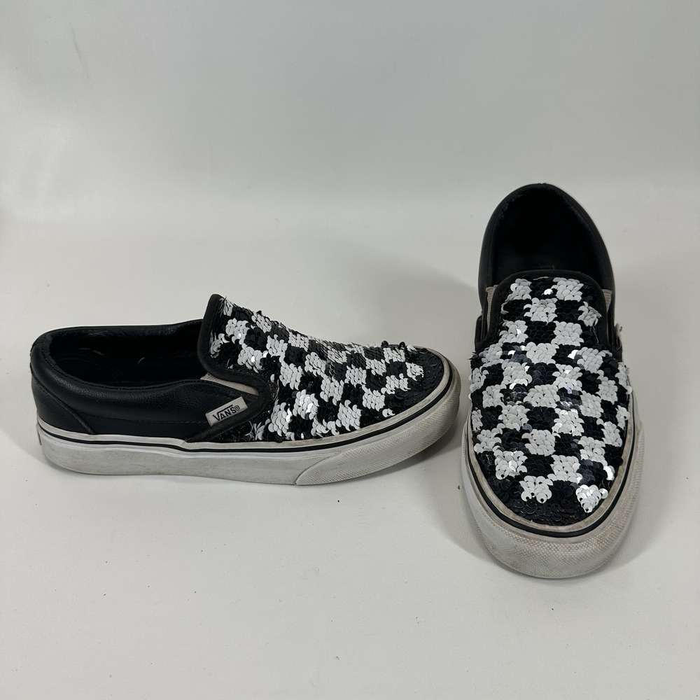 Vans Black & White Flip‎ Sequin Checkerboard Slip On Shoes Men's 4.5 Women's 6